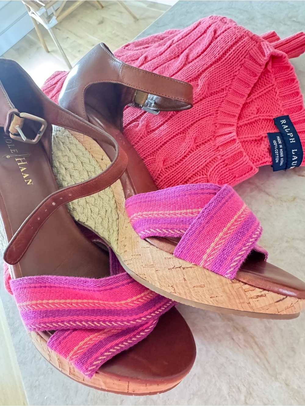 Cole Haan Nike Air Cork Wedge Sandals Pink Woven Leather Espadrille Sz 7.5 8